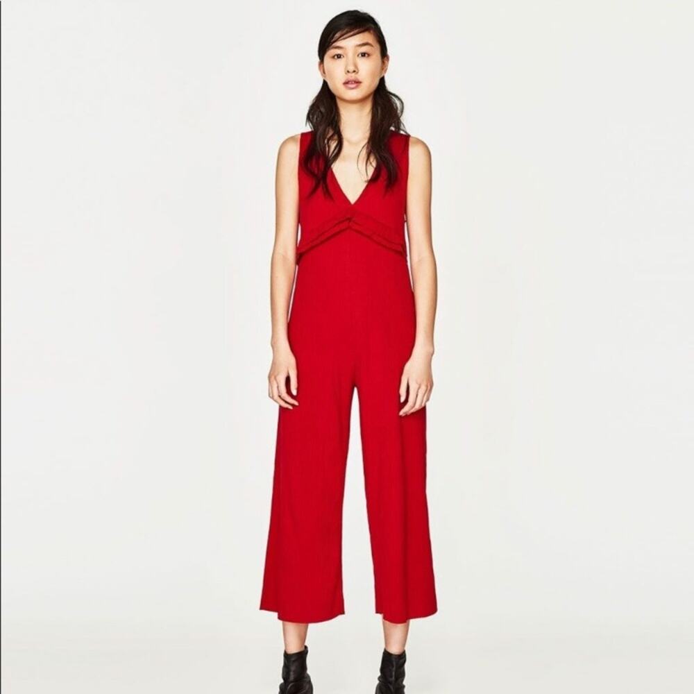Zara Trafaluc red ribbed jumpsuit size Small